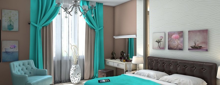 Tirkīza krāsa guļamistabas interjerā