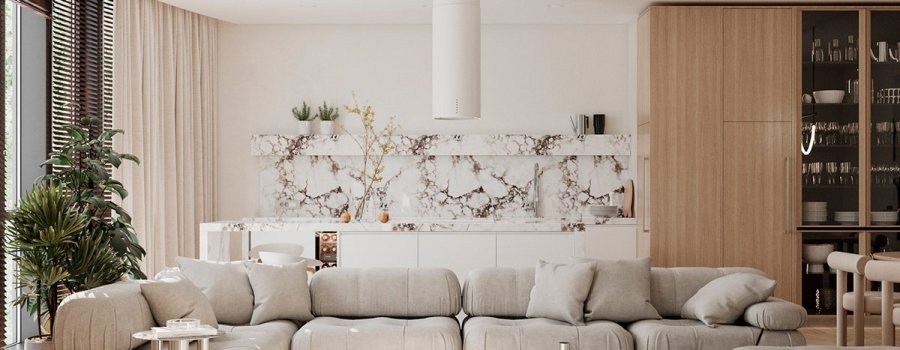Vieglas un mājīgas minimālisma noskaņas interjerā ar baltu marmora un koka akcentiem